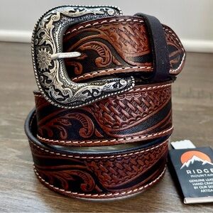 Ridge Mountain Genuine tooled leather,single stitch, silvertone embossed buckle